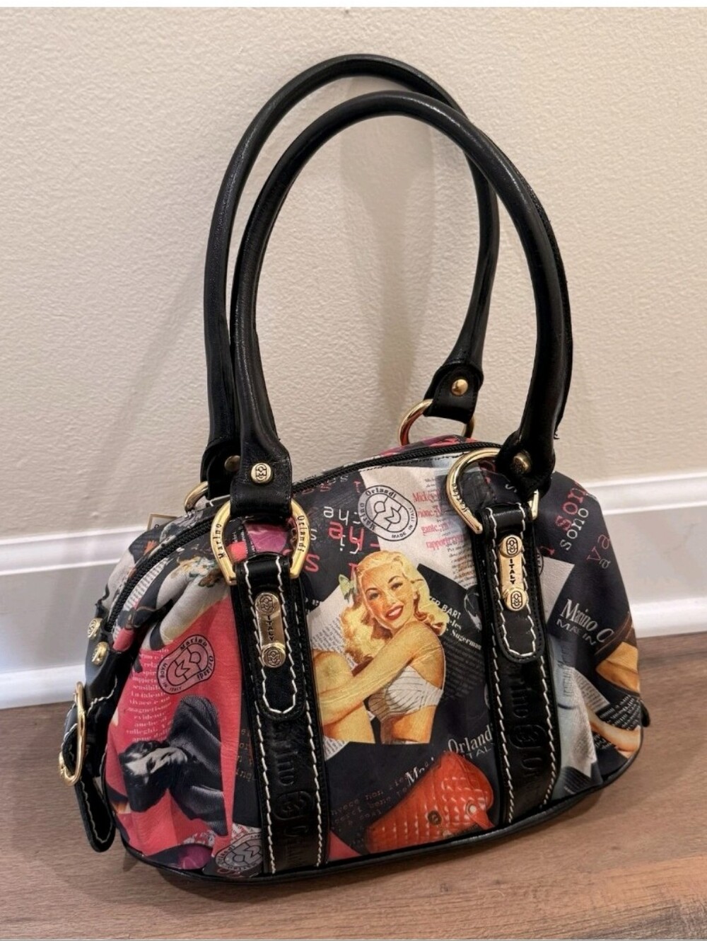 Marino Orlandi Black Multi-Color Graphic Dome Satchel